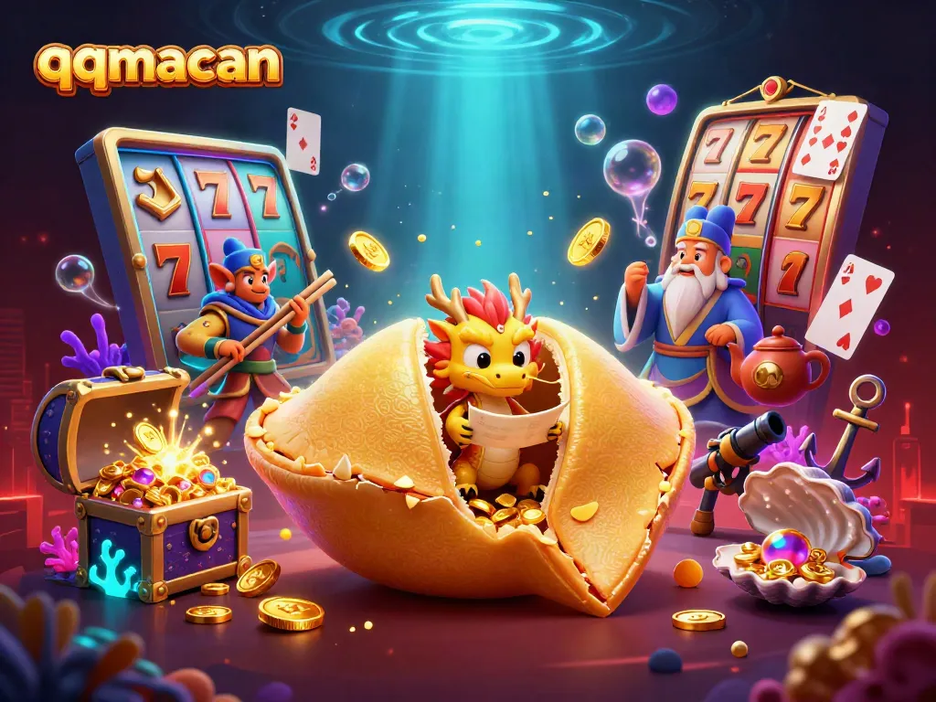 Enjoy thrilling slots action with qqmacan's vibrant casino scene featuring golden fortunes and colorful gems.