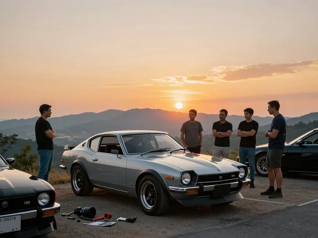 A80 platform enthusiast gathering around a classic Toyota Supra showcasing performance discussion at sunset.