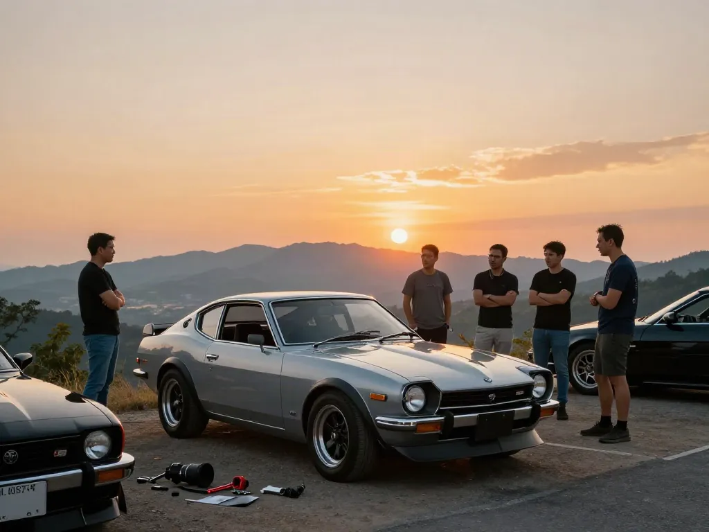 A80 platform enthusiast gathering around a classic Toyota Supra showcasing performance discussion at sunset.