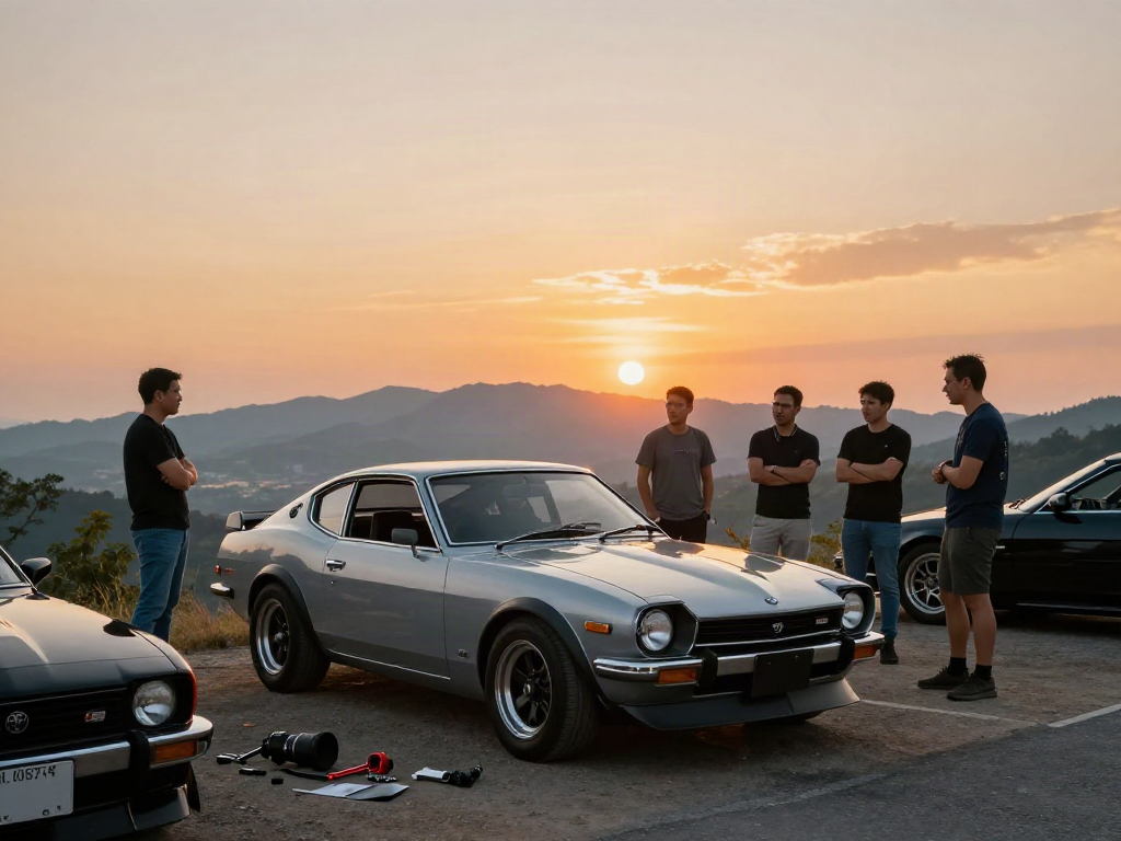 A80 platform enthusiast gathering around a classic Toyota Supra showcasing performance discussion at sunset.