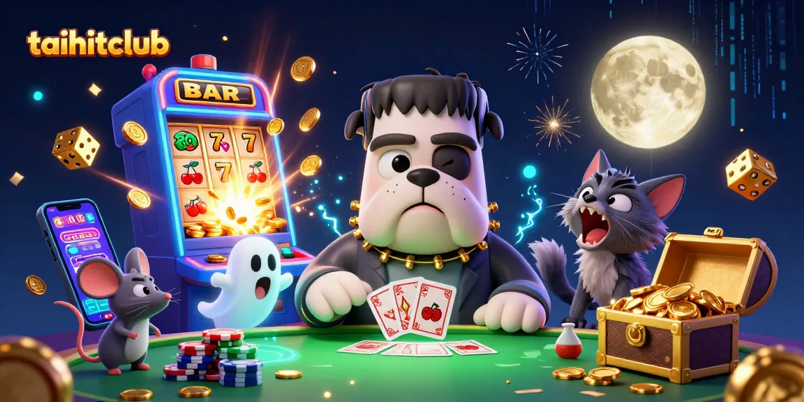Engage with taihitclub as a Frankenstein bulldog deals cards in a vibrant casino scene.