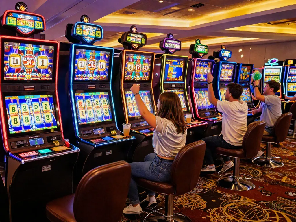 Friends enjoying a slot demo experience in a vibrant casino room.