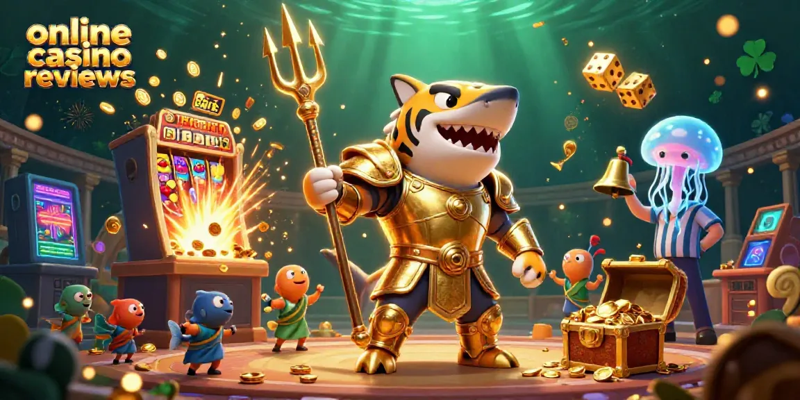 Engaging 3D illustration showcasing online casino reviews with a golden gladiator shark, colorful game elements, and vibrant details.