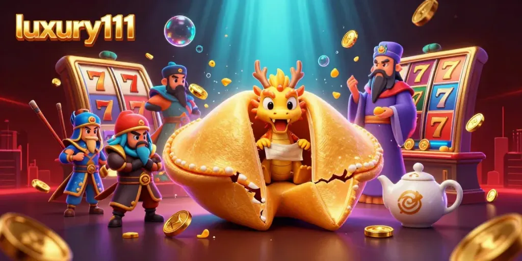 Experience luxury111's vibrant slots with a golden fortune cookie and characters in a dynamic 3D scene.