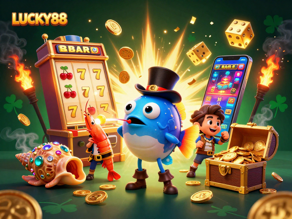 Experience thrilling games at LUCKY88 with cartoon characters and vibrant slot symbols surrounded by coins.