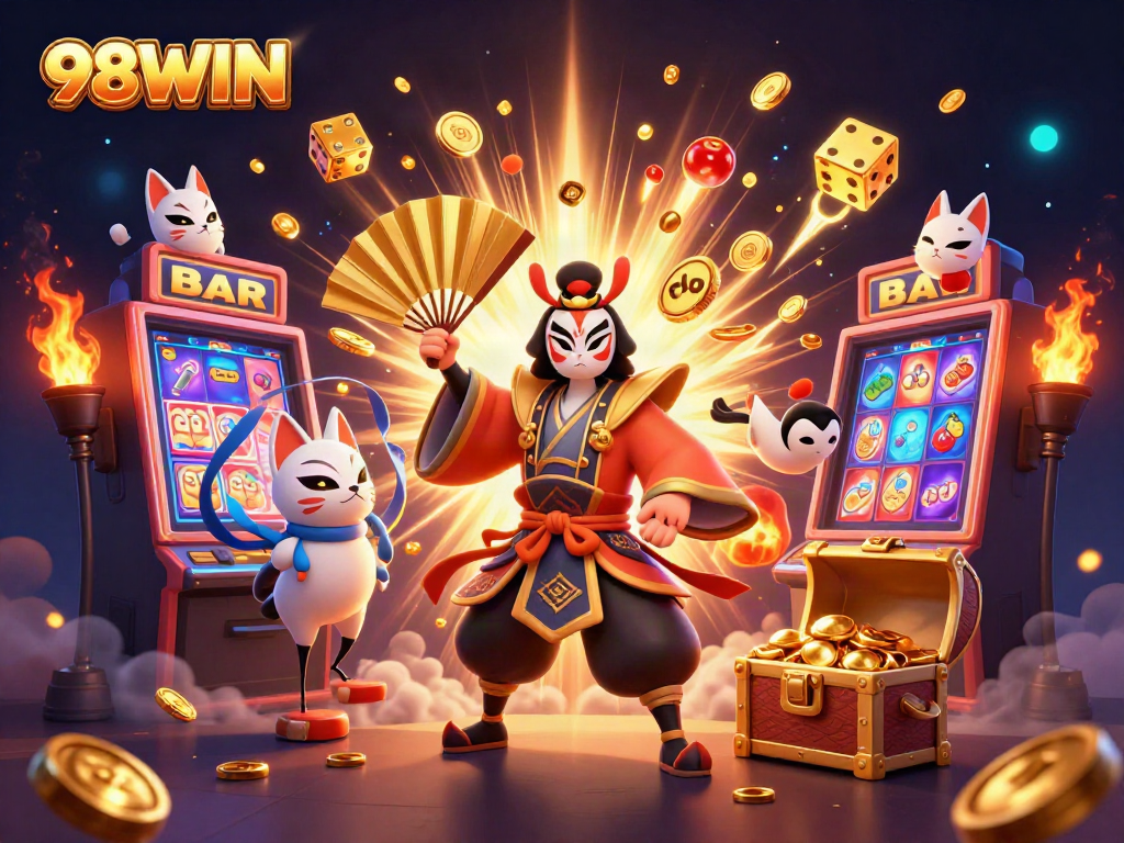 Experience thrilling gaming action with 98WIN’s vibrant 3D casino scene bursting with excitement.