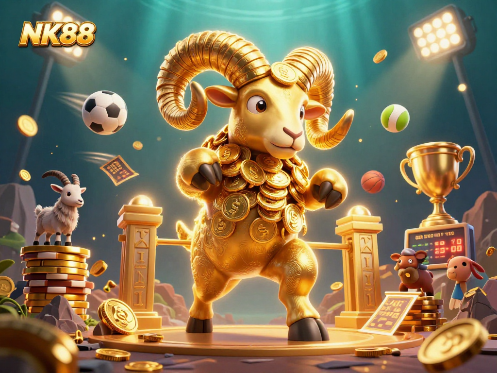 Experience the thrill of NK88 with a golden ram charging through a vibrant casino scene.