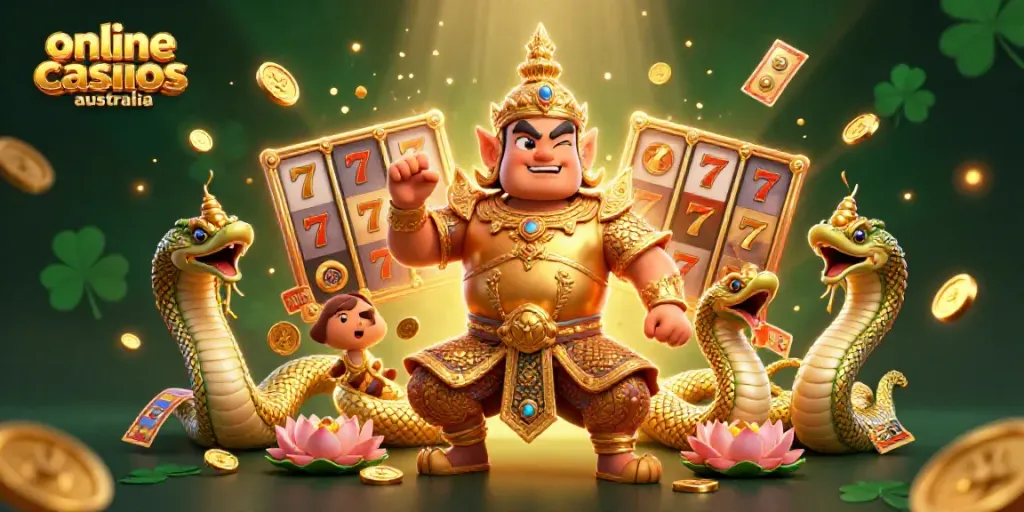 Engage with the vibrant world of online casinos Australia in this dynamic 3D illustration featuring a temple guardian and game elements.