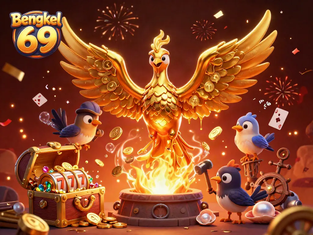 Bengkel 69 features a golden phoenix and gambling elements, celebrating wins in a casino-themed environment.