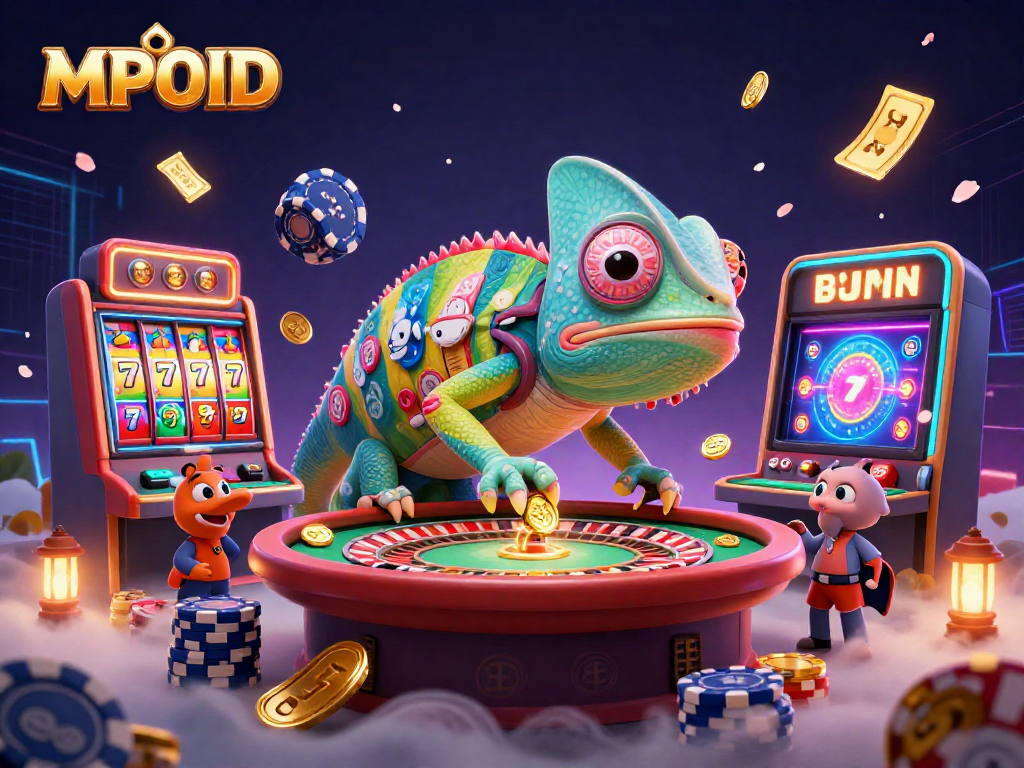 MPOID captures excitement with a chameleon casino owner and slot reels amidst vibrant game action.