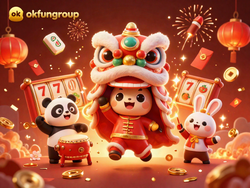 Experience the thrills of okfungroup in a vibrant 3D casino celebration with dynamic elements and lucky symbols.
