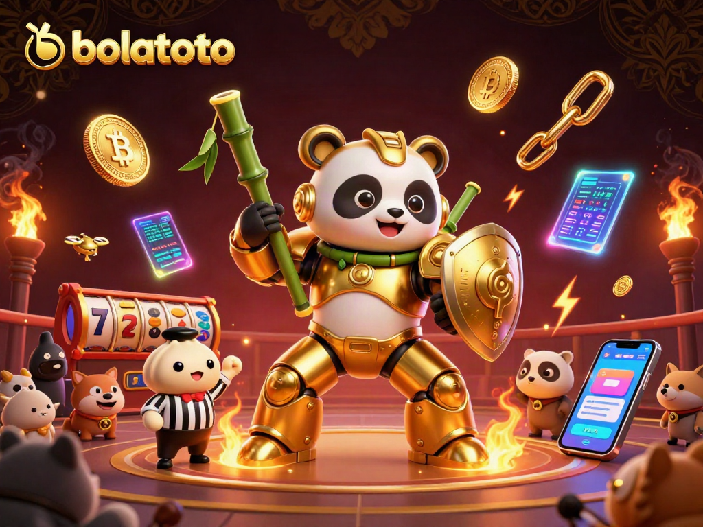 Spin to win with bolatoto: a thrilling casino scene featuring a golden panda robot among jackpot reels and cryptocurrency.