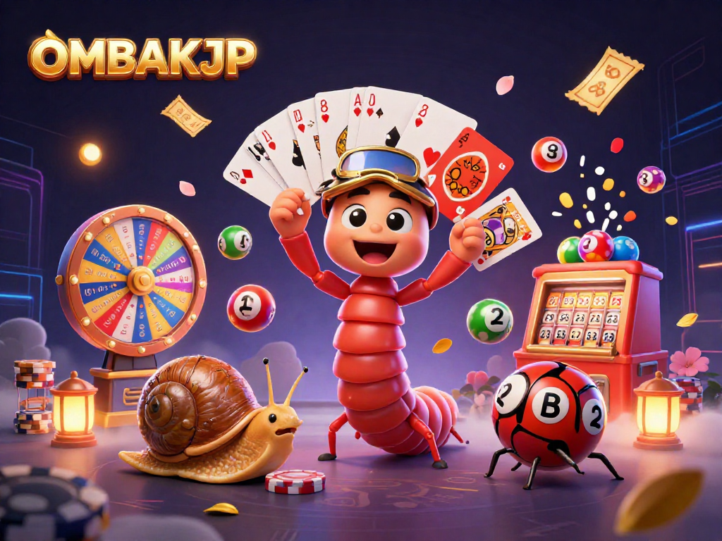Engage with OMBAKJP as a colorful lottery scene bursts with excitement, showcasing vibrant balls and a lively atmosphere.