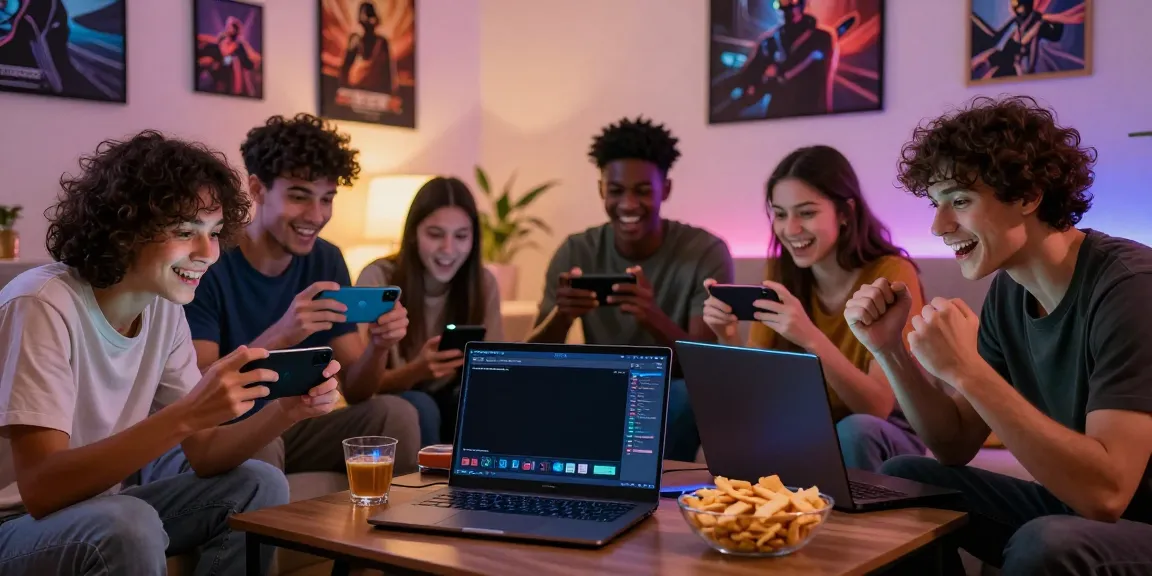 Group of friends engaging with the AHHA4D online gaming platform in a cozy living room.