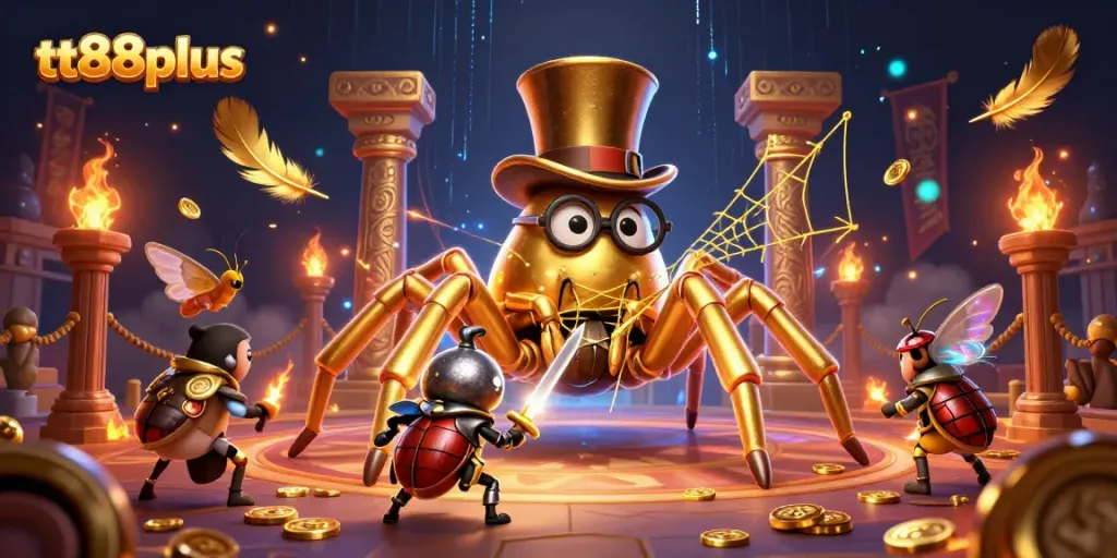 Experience thrilling gaming with tt88plus, featuring a golden tarantula and beetle knight in a vibrant casino setting.