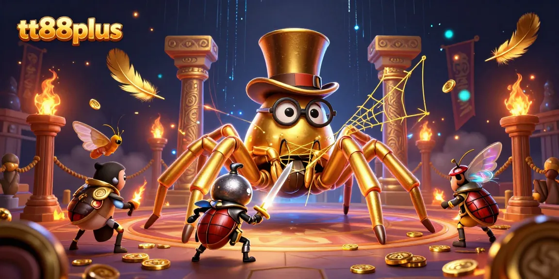 Experience thrilling gaming with tt88plus, featuring a golden tarantula and beetle knight in a vibrant casino setting.