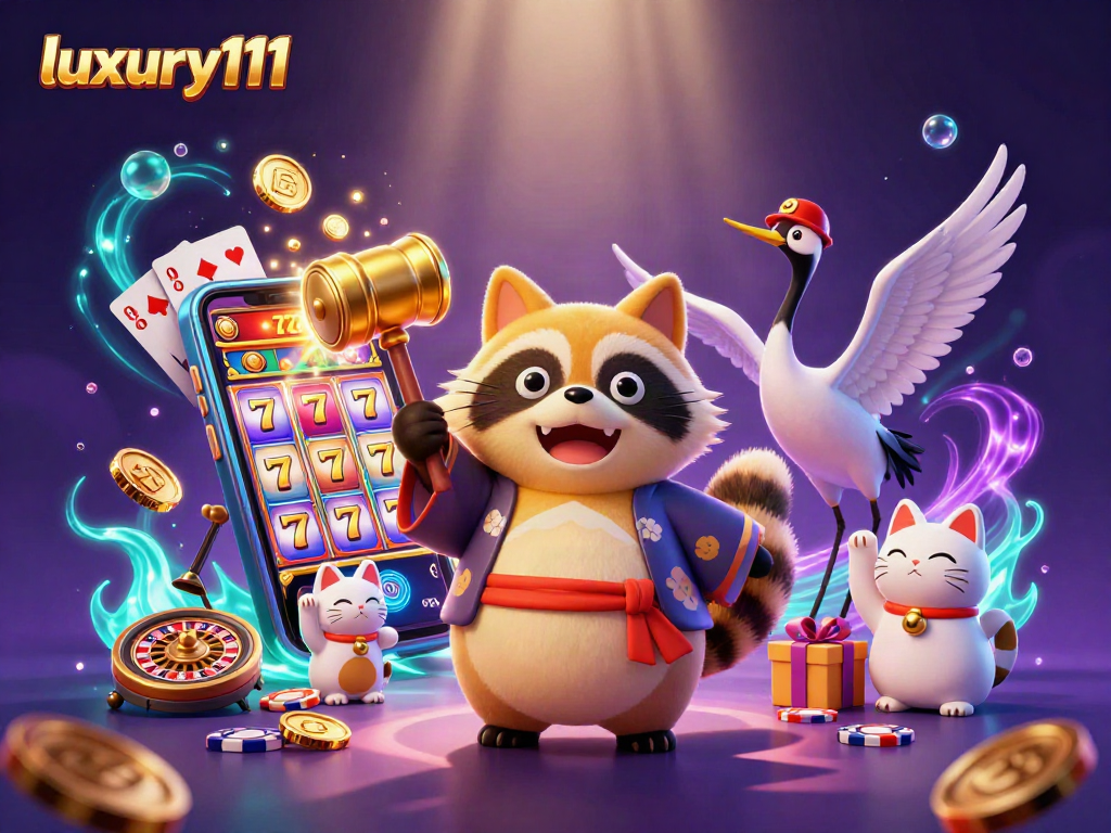 luxury111 showcases an exciting casino scene with raccoon, samurai crane, and vibrant slot games.
