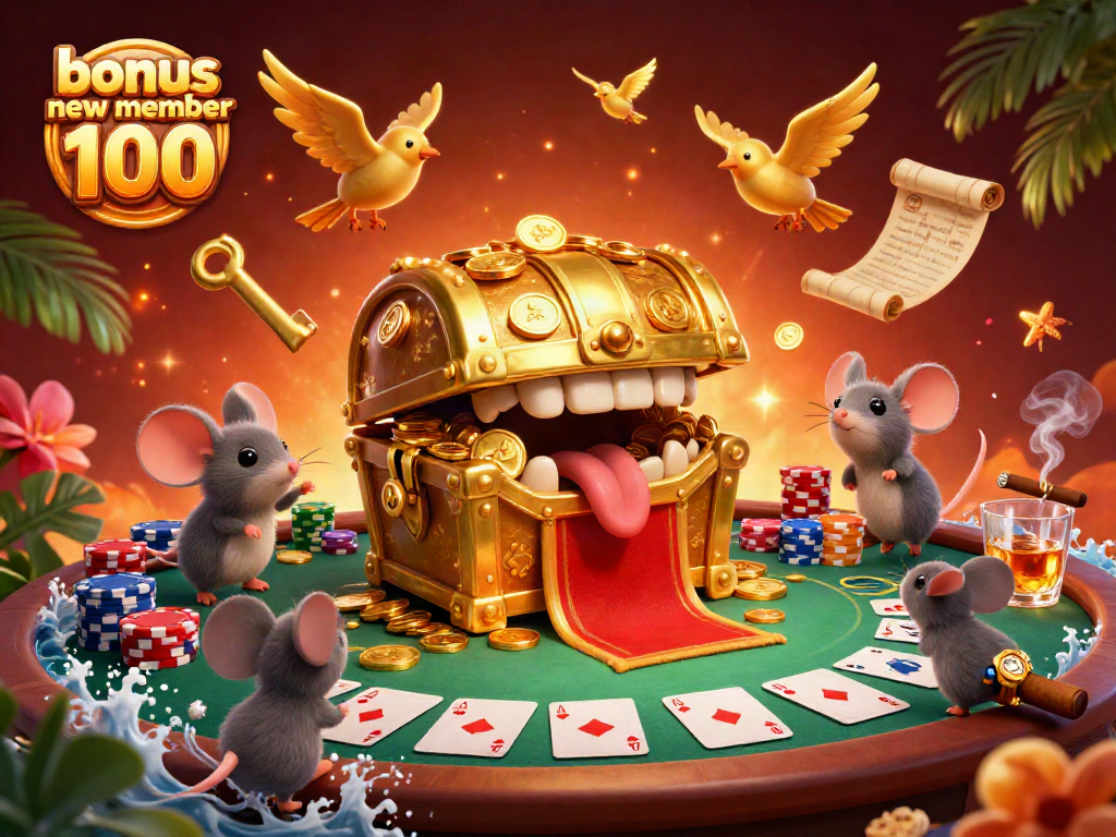 Experience the excitement of bonus new member 100 with thrilling casino elements, including poker tables and vibrant treasures.