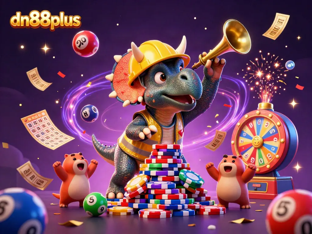 Engage in thrilling games at dn88plus with vibrant lottery balls and celebrating dinosaurs in a casino scene.