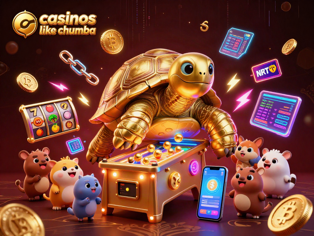 Experience casinos like Chumba with a golden tortoise pinball machine surrounded by vibrant playful animals.