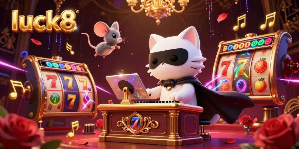 Experience luck8 with spinning slot reels, a charismatic white cat, and dazzling casino elements.
