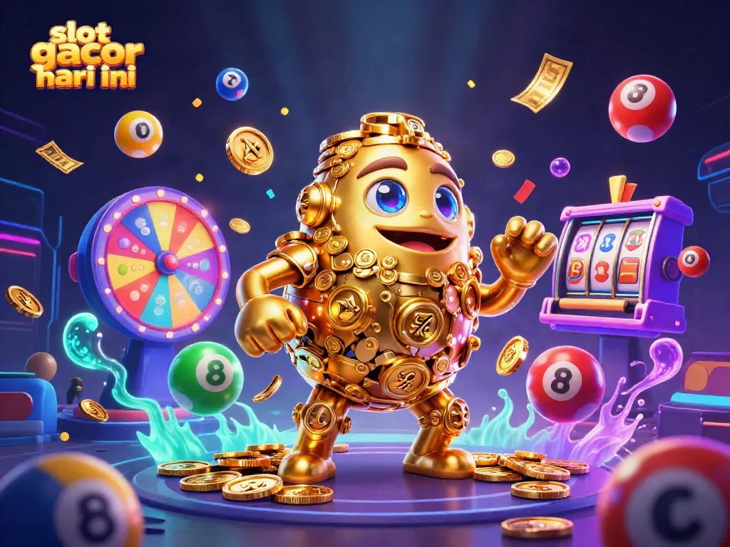 Experience the excitement of slot gacor hari ini with a dynamic scene of a golden golem surrounded by lottery elements.