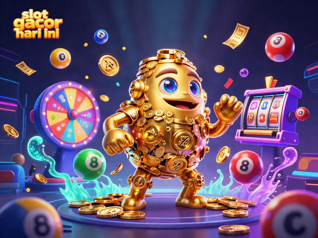Experience the excitement of slot gacor hari ini with a dynamic scene of a golden golem surrounded by lottery elements.