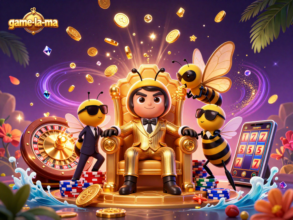 Experience thrilling gameplay at game-la-ma with a bustling casino scene featuring vibrant characters and lucky symbols.