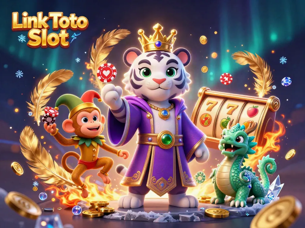 Gulungan slot berputar dan simbol keberuntungan di sekitar Link Toto Slot yang memukau.