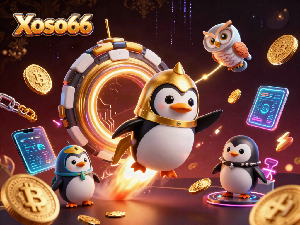 Xoso66, the thrilling casino adventure with a golden penguin in space, showcasing vibrant crypto elements.