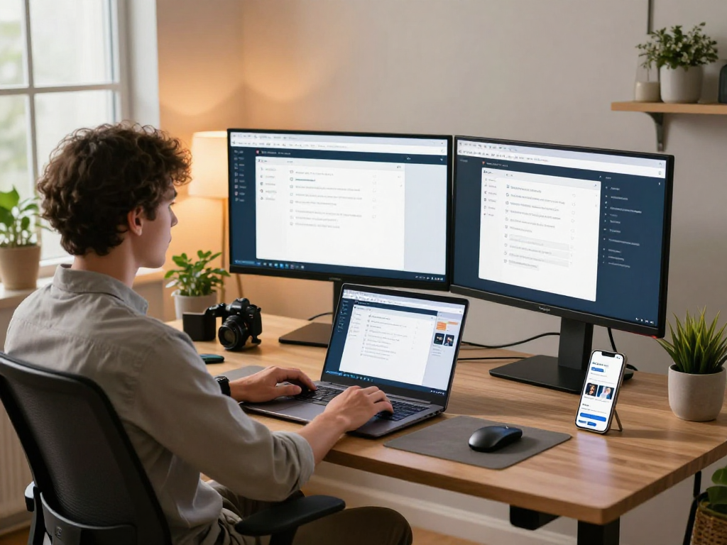 Professional remote work setup using ToDesk software with dual monitors in a modern home office.