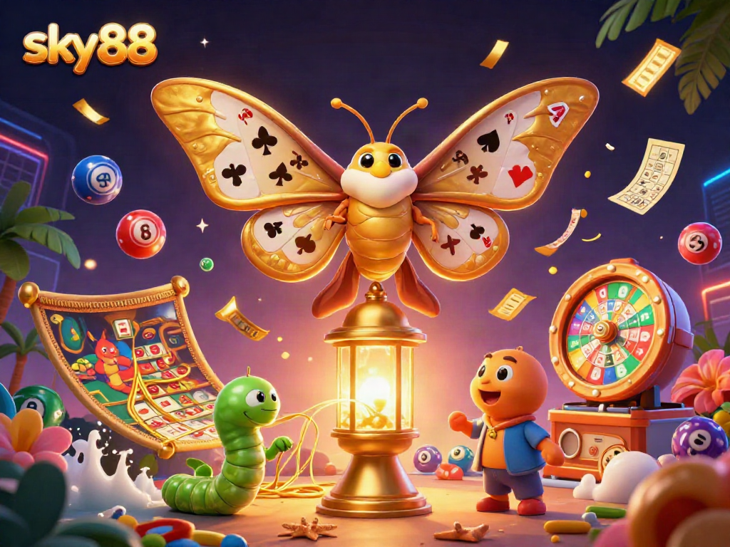 Engage with the exciting world of sky88, featuring a vibrant 3D scene depicting a cartoon atlas moth, lottery elements, and casino magic.