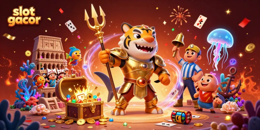 Engage with slot gacor in a vibrant scene featuring a tiger shark in gladiator armor alongside festive underwater elements.