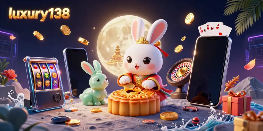 Experience high-stakes excitement with luxury138's vibrant lunar casino, featuring golden mooncakes and poker chips.