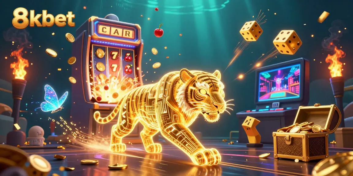 Experience the winning thrill with 8xbet's vibrant digital casino, featuring a glowing tiger and dynamic games.