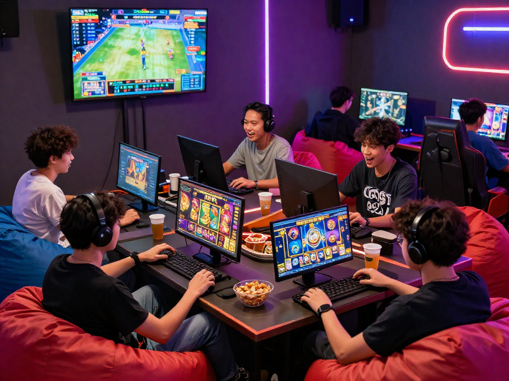 Players enjoying slot gacor games in a vibrant gaming environment with colorful screens and lively atmosphere.