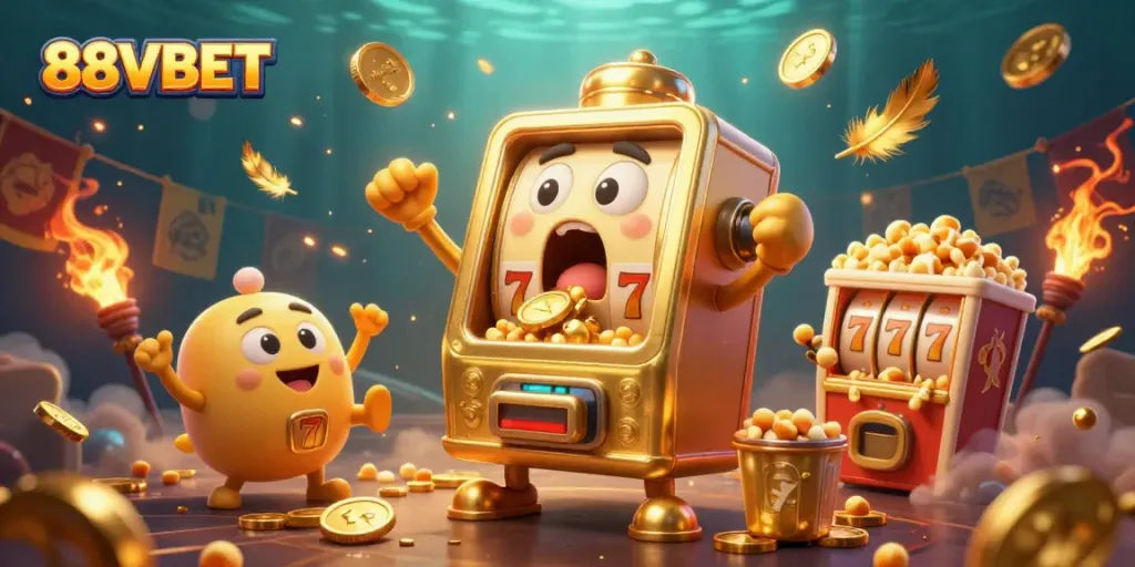 Experience the excitement of 88VBET as a golden slot machine hits the jackpot and celebrates with coins.