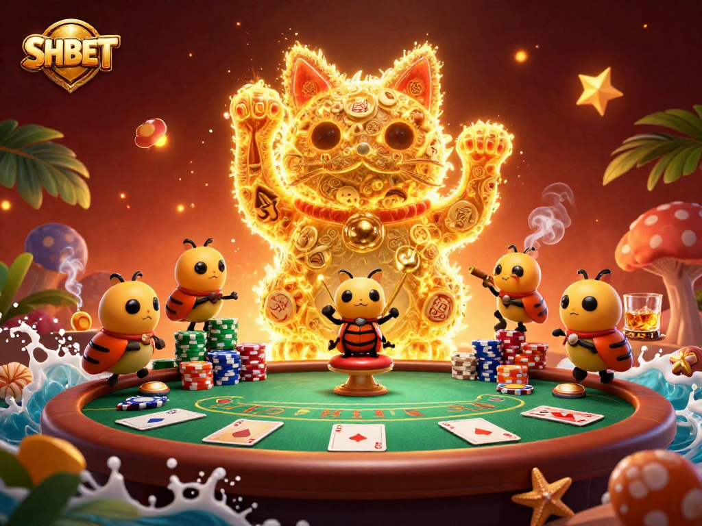 Experience the vibrant SHBET world of luck and chance, where a giant lucky cat entertains gamblers.