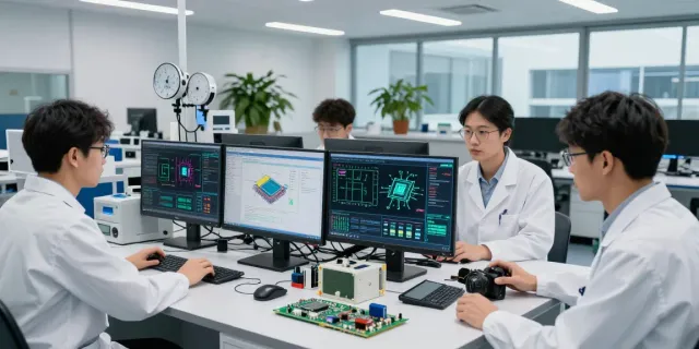 Inovasi desain semikonduktor di laboratorium dengan engineer bekerja, mendalami https://www.oe-semiconductor.com/index2.html dan teknologi terkini.