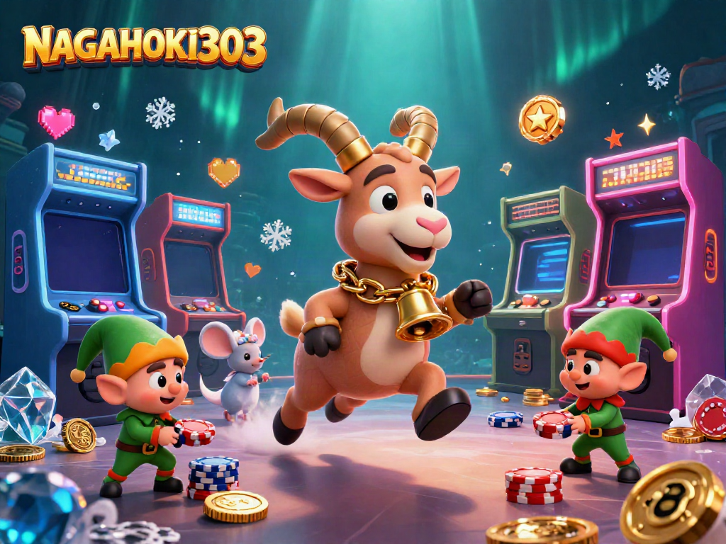 NAGAHOKI303, Krampus dan karakter kasino kesenangan, menggambarkan suasana permainan slot dengan elemen 3D yang kaya.