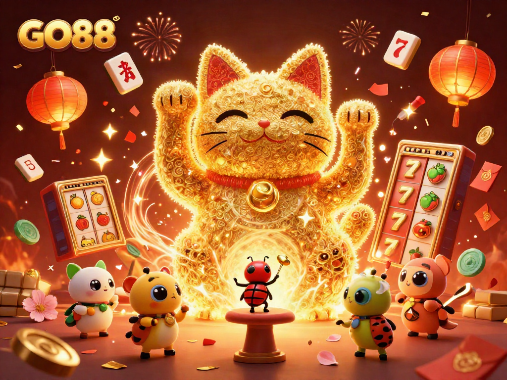 Engage in thrilling gameplay with the GO88 lucky cat, symbolizing fortune in a vibrant casino scene.