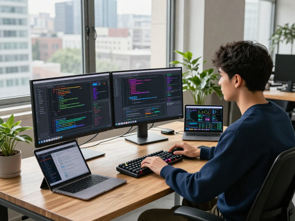 Innovative tech workspace featuring spicy AI development with a developer coding on dual monitors amidst a bright office.