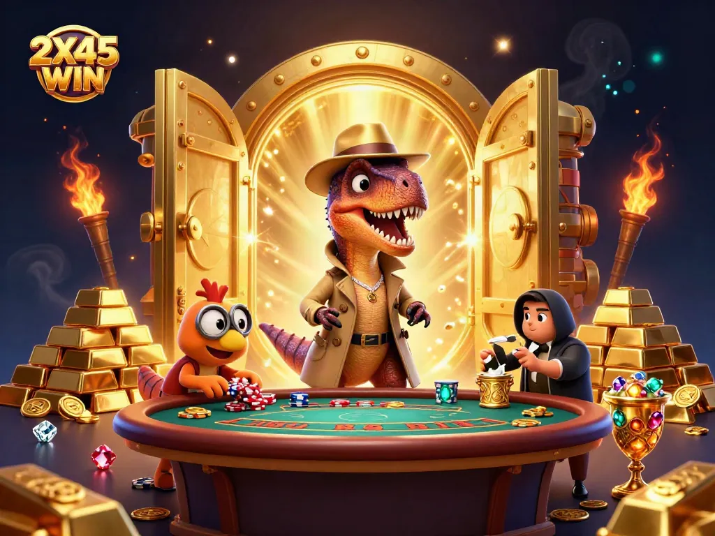 Menangkan 2X45WIN dengan kartun velociraptor bermain blackjack di kasino yang kaya harta.