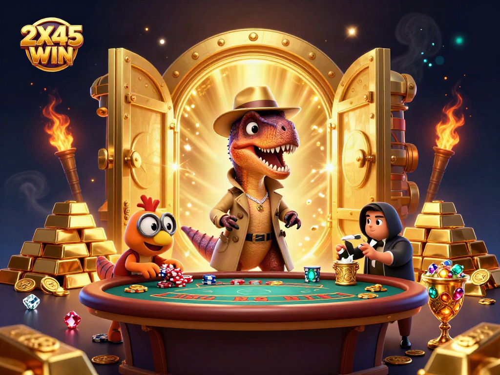Menangkan 2X45WIN dengan kartun velociraptor bermain blackjack di kasino yang kaya harta.