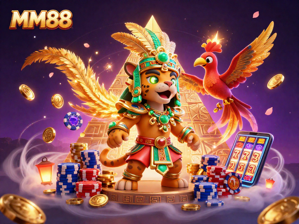 Explore winning strategies with MM88 in a vibrant casino scene featuring a Mayan jaguar priest.