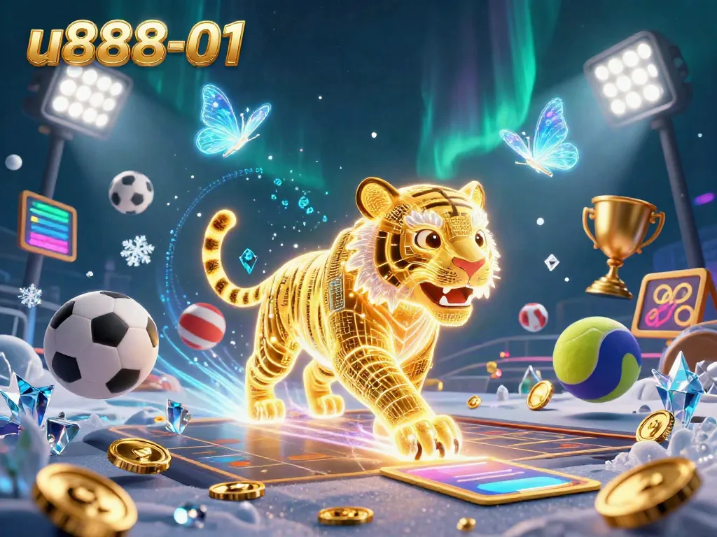 Experience the vibrant world of u888-01 with dynamic sports elements and a glowing tiger in a digital casino.