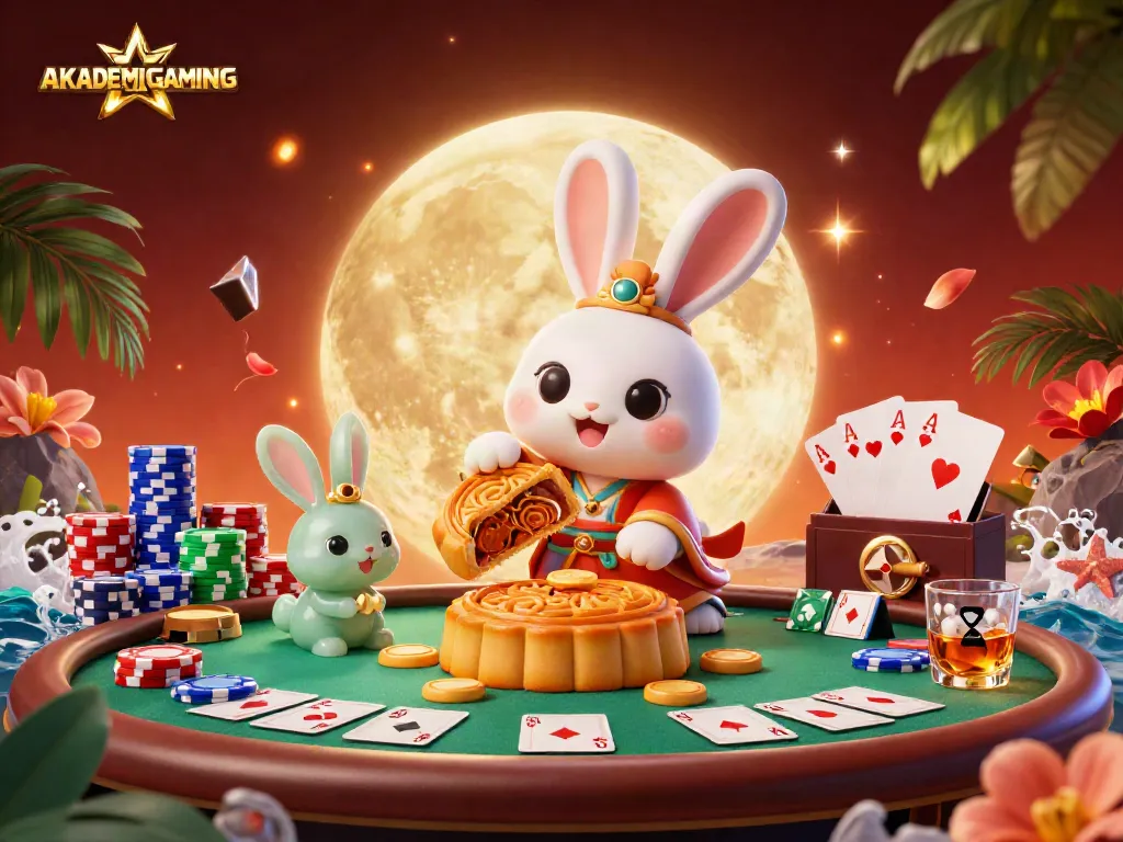Experience the thrill of AKADEMIGAMING with a dynamic lunar poker scene featuring charming characters and engaging game elements.