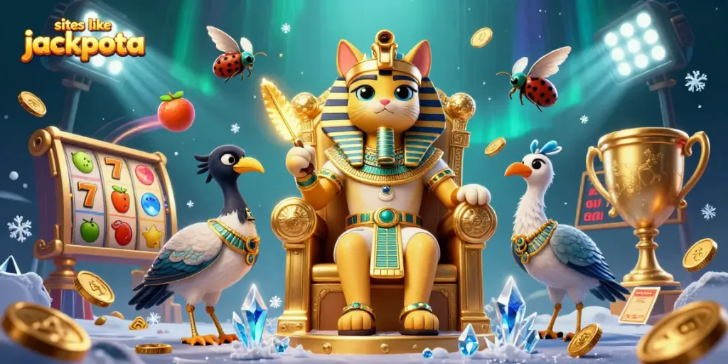 Play games like sites like jackpota with colorful slots, coins, and a pharaoh theme in action.