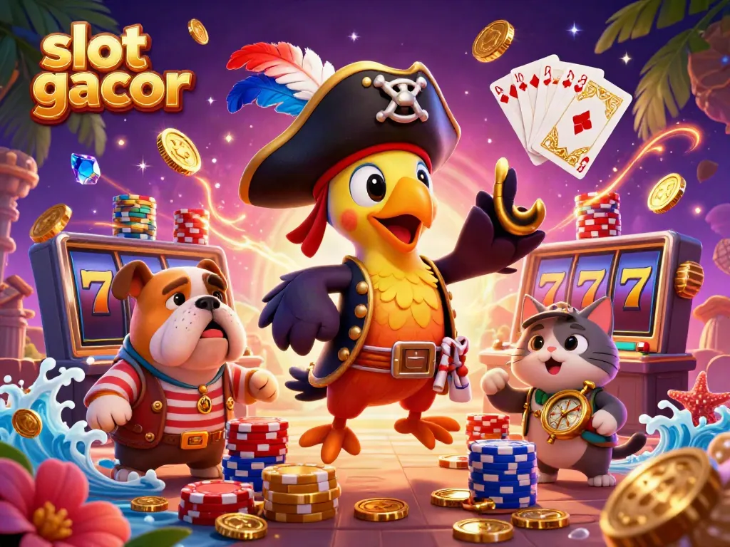 Engage with the thrilling slot gacor experience depicted in an ultra-detailed 3D illustration, featuring playful characters and dynamic casino elements.