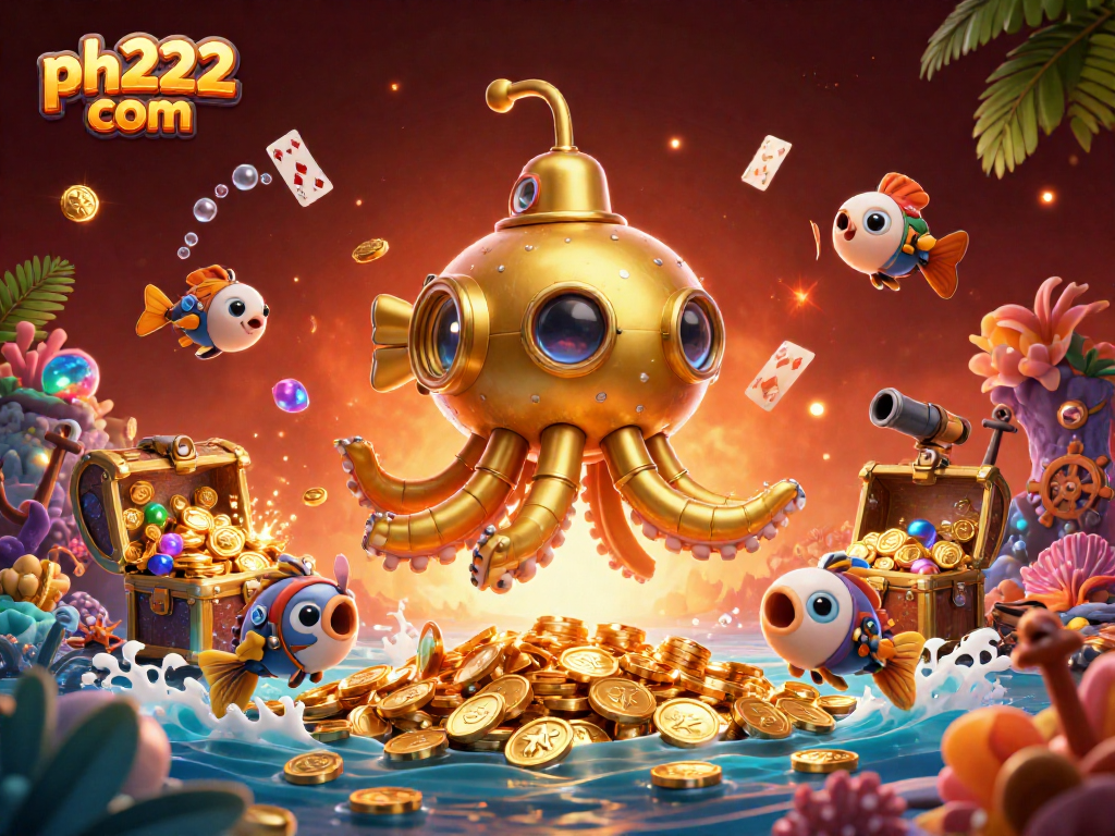 Experience the thrill at ph222 com with an energetic underwater casino adventure illustration featuring a golden kraken.